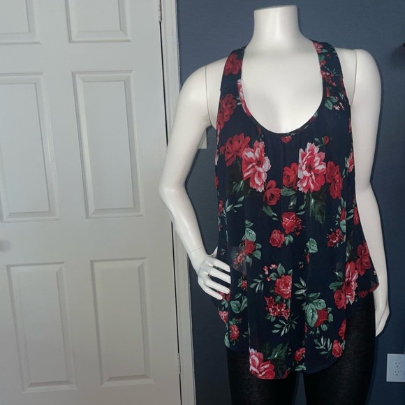 Ambiance Chiffon Floral Print Tulip Back navy blue size medium Tank Lining - Picture 5 of 14